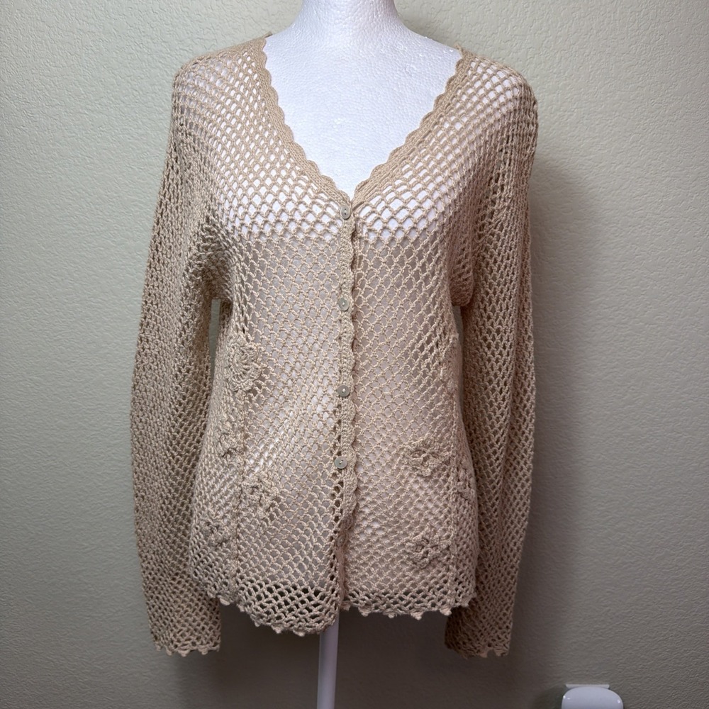 Charter Club Fishnet Sweater Small Boho Floral Lace Mesh Button Up Knit Cardigan
